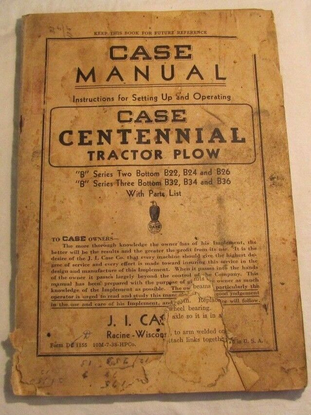Vintage Original CASE Model Centennial Plow Operators Owner Manual 1938,B Series