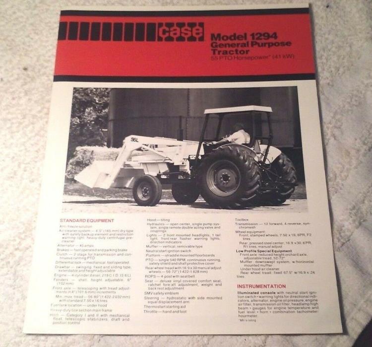 VINTAGE 1983 CASE TRACTOR 1294 55HP SPECS BROCHURE