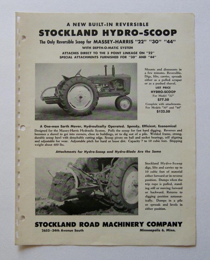 Stockland Hydro-Scoop Hydro-Blade Brochure Massey-Harris 22 30 44 Tractor
