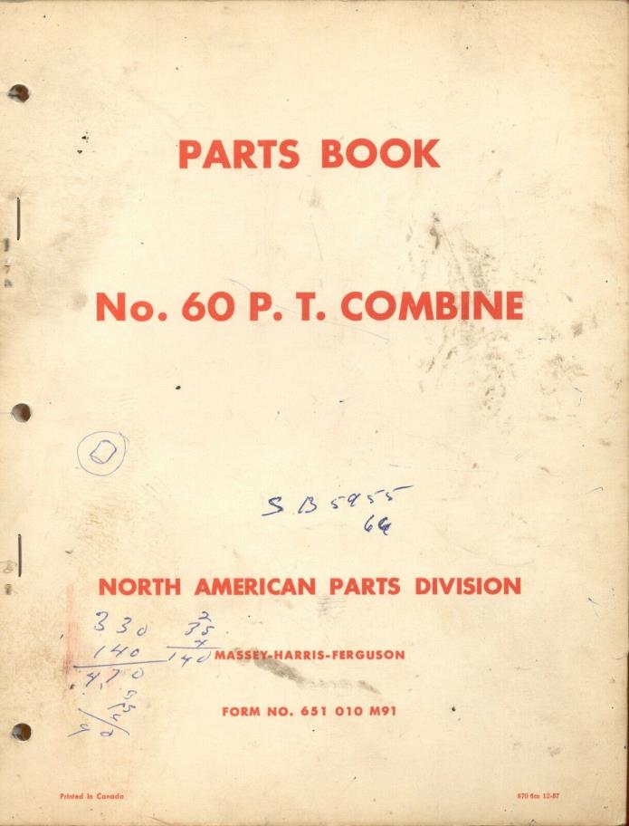 1957 MASSEY HARRIS # 60 PT Pull Type COMBINE - Illustrated Repair Parts List