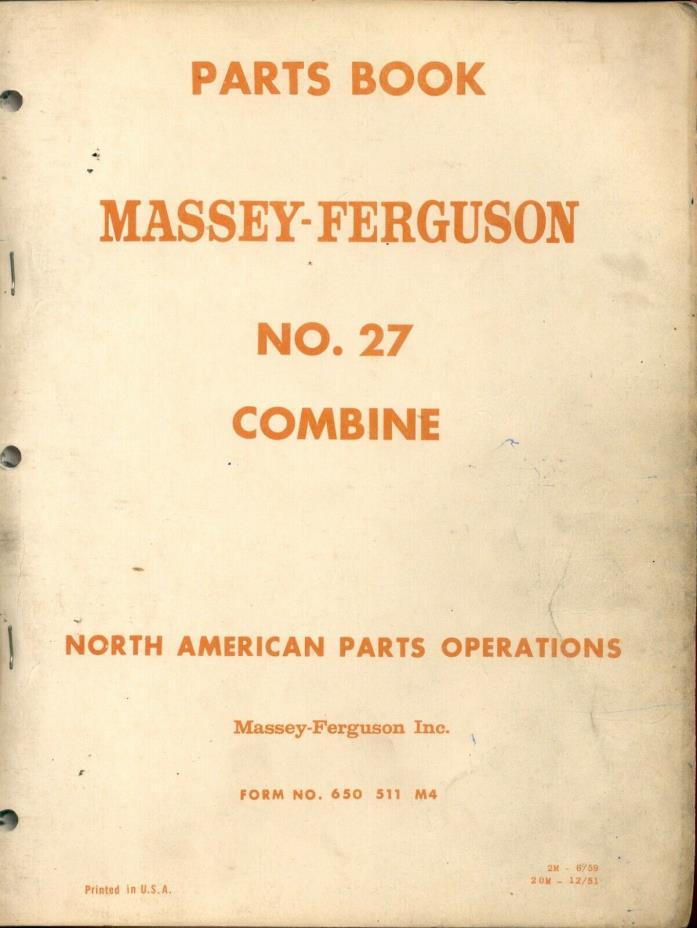 1959 MASSEY HARRIS #27 REAPER THRESHER Combine - Illustrated Repair Parts List