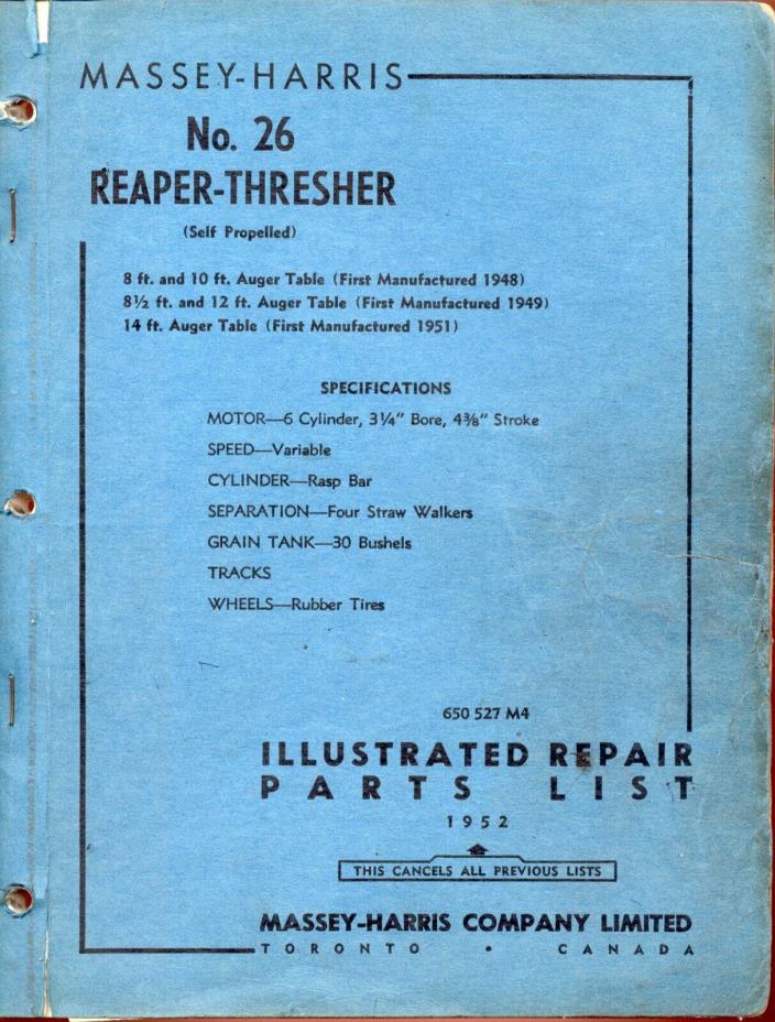 1952 MASSEY HARRIS #26 REAPER THRESHER Combine - Illustrated Repair Parts List