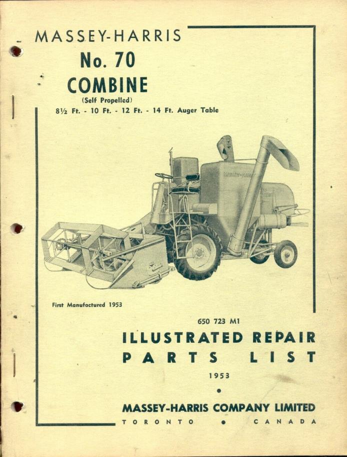 1953 MASSEY HARRIS # 70 SP Self Propelled COMBINE -Illustrated Repair Parts List
