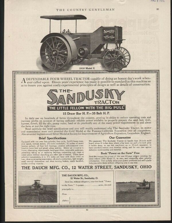1916 SANSKY FARM TRACTOR OHIO MODEL E MOTOR ENGINE AGRICULTURE POWER PHOTO 20471