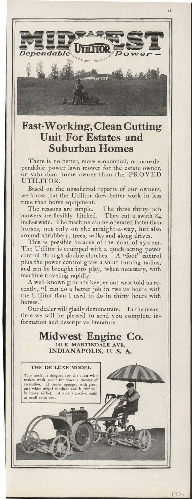 1921 MIDWEST UTILITOR POWER LAWN MOWER ESTATE HOME MACHINE MOTOR AD20207