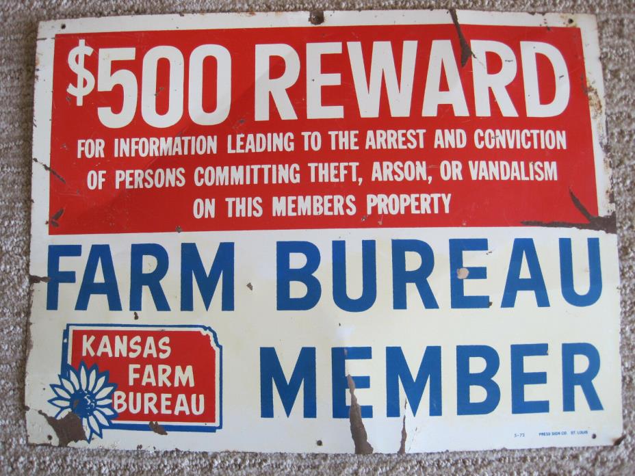 Kansas Farm Bureau Member Protective Service $500 Reward Metal Sign - 16