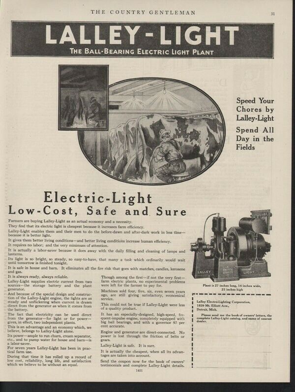 1917 LALLEY LIGHT ELECTRIC LIGHT PLANT FARM COW MACHINE MILK PUMP BARN 17011