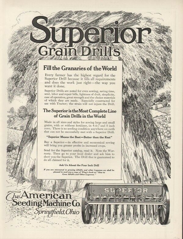 1916 SUPERIOR GRAIN DRILL WHEAT FARM SEED PLOW CROP MACHINE TRACTOR19082