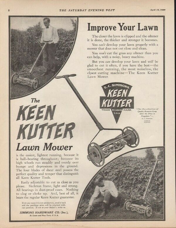 1909 KEEN KUTTER LAWN CARE PUSH MOWER OUTDOOR YARD AD 9557