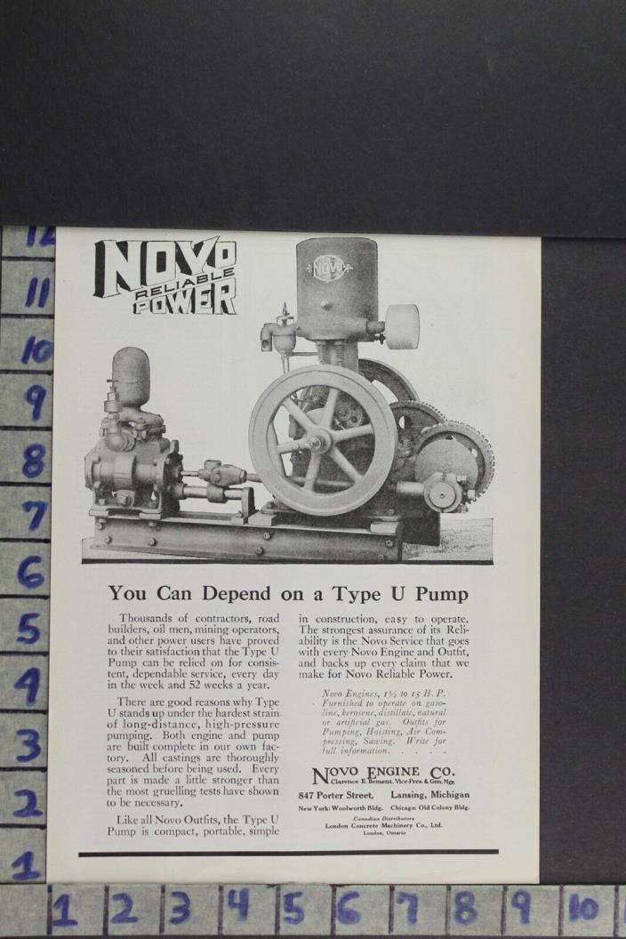 1919 NOVO GAS ENGINE BEMENT PUMP MACHINERY EQUIPMENT LANSING MI  AD ZL032