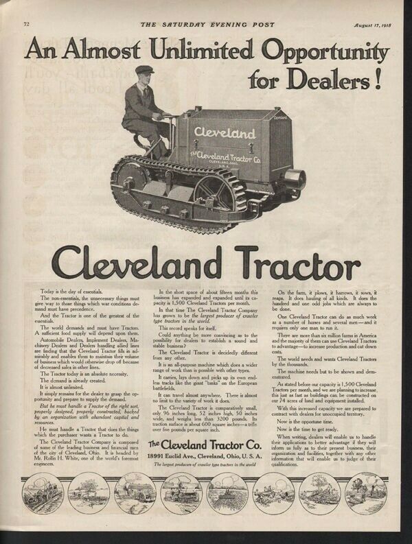 1918 CLEVELAND TRACTOR DOZER CONSTRUCTION FARM MACHINERY ROLLIN WHITE 18871