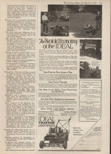 1919 IDEAL TRACTOR LAWN MOWER LANDSCAPE LANSING MICH AD7910