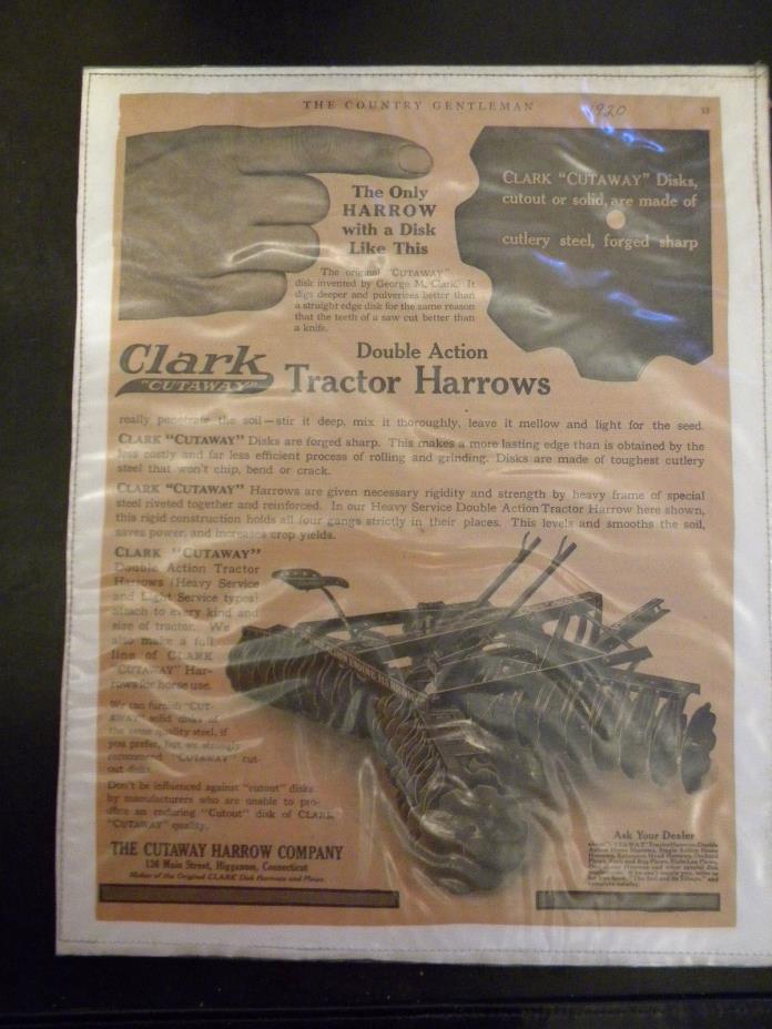 1920 CUTAWAY CLARK DOUBLE ACTION DISK Tractor HARROW AD HIGGANUM CT CONNECTICUT