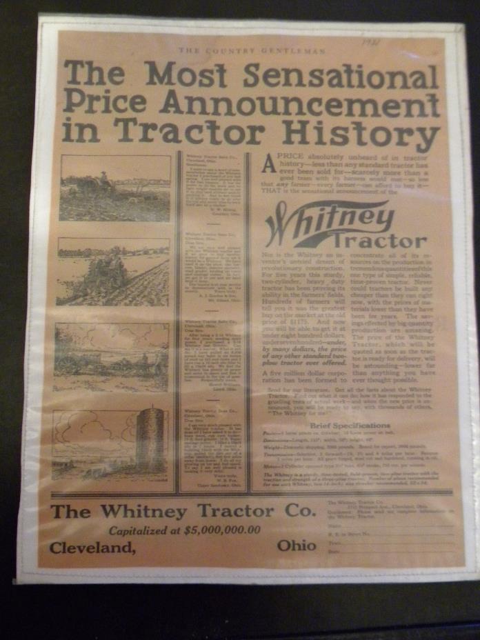 1921 Whitney Tractor Ad, Cleveland, Ohio, Country Gentleman