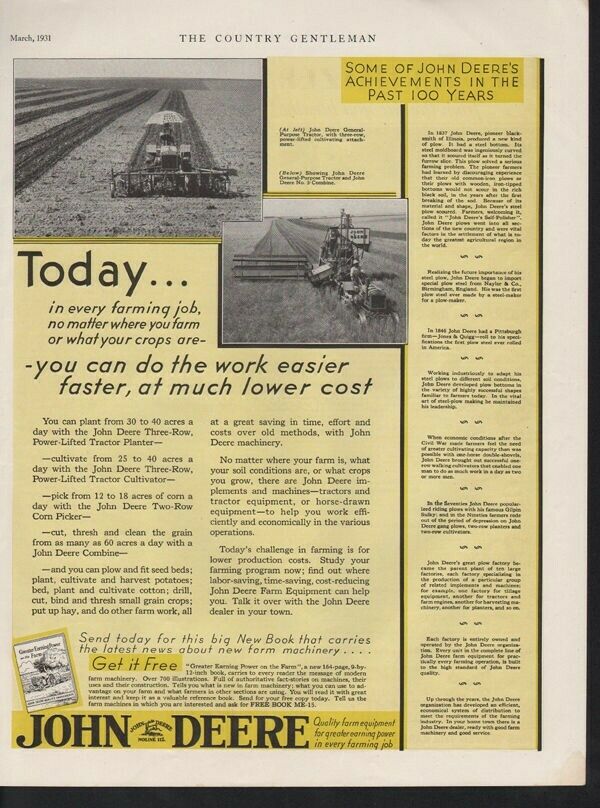1931 JOHN DEERE FARM TRACTOR EQUIPMENT FIELD PLOW CROP 12765