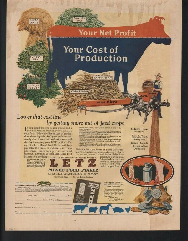 1926 LETZ DIXIE MIXED FEED MAKER FARM CONSTRUCTION BEEF STEER COW GRAIN 20844