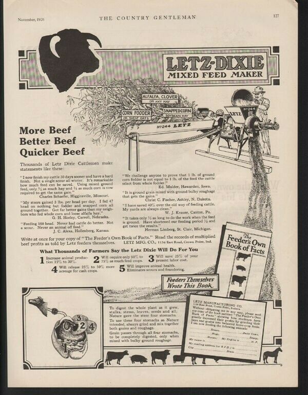 1926 LETZ DIXIE MIXED FEED MAKER FARM CONSTRUCTION BEEF STEER COW GRAIN 20838
