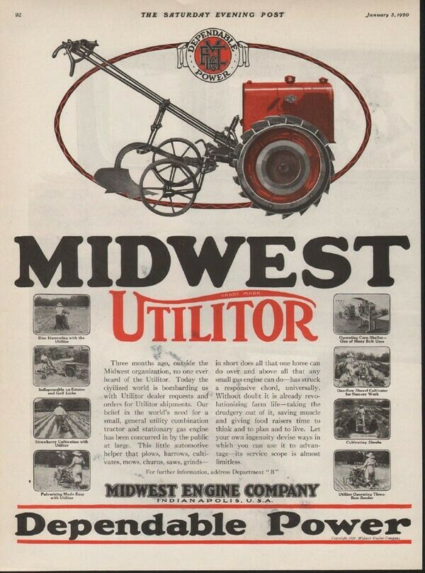 1920 MIDWEST UTILITOR ENGINE FARM GARDEN MOTOR PLANT CULTIVATE PLOW AD20490