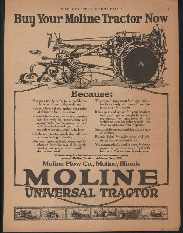 1918 MOLINE TRACTOR FARM CONSTRUCTION MOTOR ENGINE ILLINOIS PLOW WORK 20488
