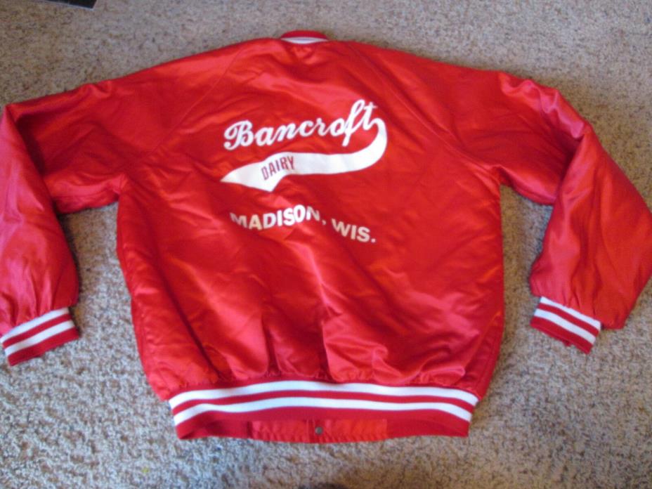 Vintage Rare Bancroft Dairy Madison Wisconsin farm milk Red Satin Jacket XL