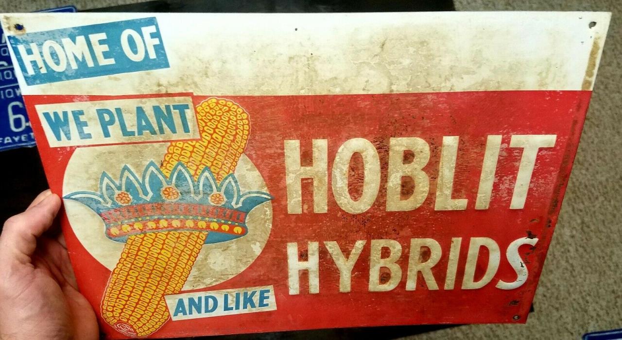 Hoblit Hybrids Seed Corn Sign Metal Des Moines Iowa Embossed Farm Crown 1950