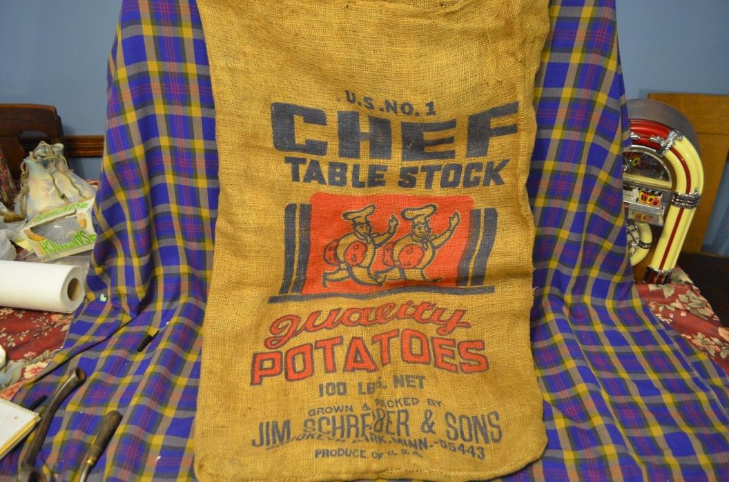 Vtg US No.1 CHEF TABLE STOCK 100# QualityPotato BurlapSack-J. Schreider&Sons-MN