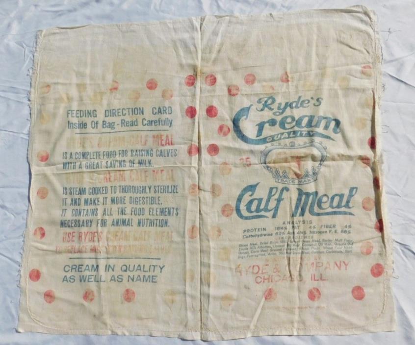 RARE Ryde's Cream Calf Meal Cloth Grain Feed Bag Vintage Advertising Farm Cow