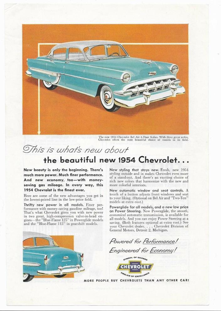 1954 CHEVROLET BELAIR AD - Vintage Full Color GM Chevy Sedan auto car detroit