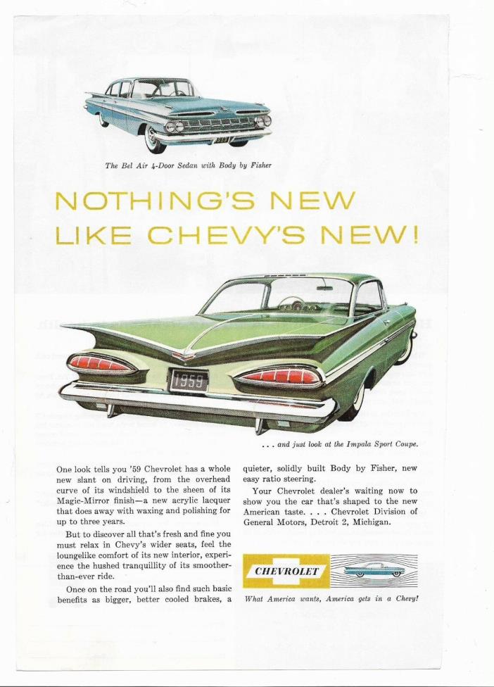 1959 CHEVROLET IMPALA AD - Full Color GM Chevy Sport Coupe auto car detroit