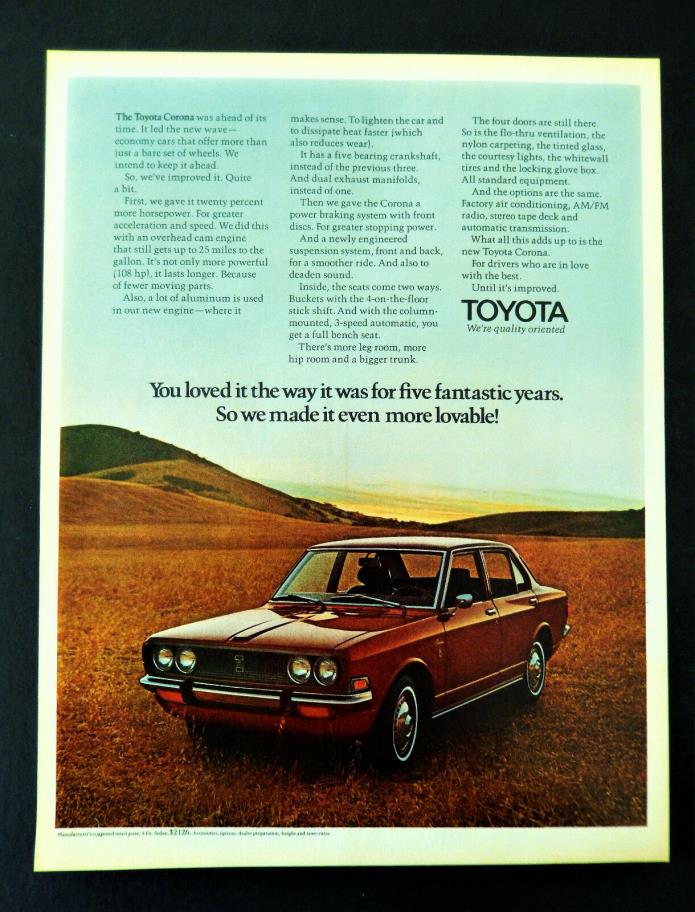 Vtg 1970 Toyota Corona reto car advertisement print ad art