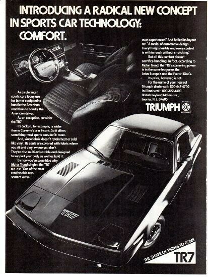 1976 Triumph TR7 introductory ad, interior view b/w - Motor Trend - July 1976