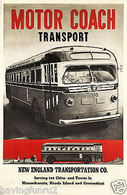 Motor Coach Transport Bus Ad Poster New England 1940s  11  x 14  Giclee print