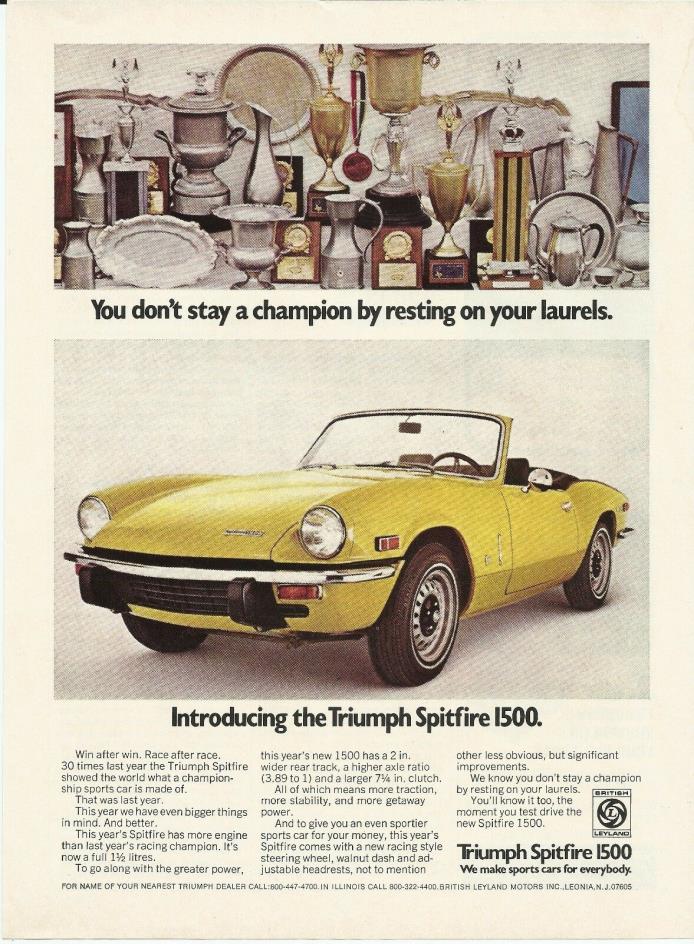 1973 Triumph Spitfire 1500 Yellow Convertible Photo Vintage Print Ad