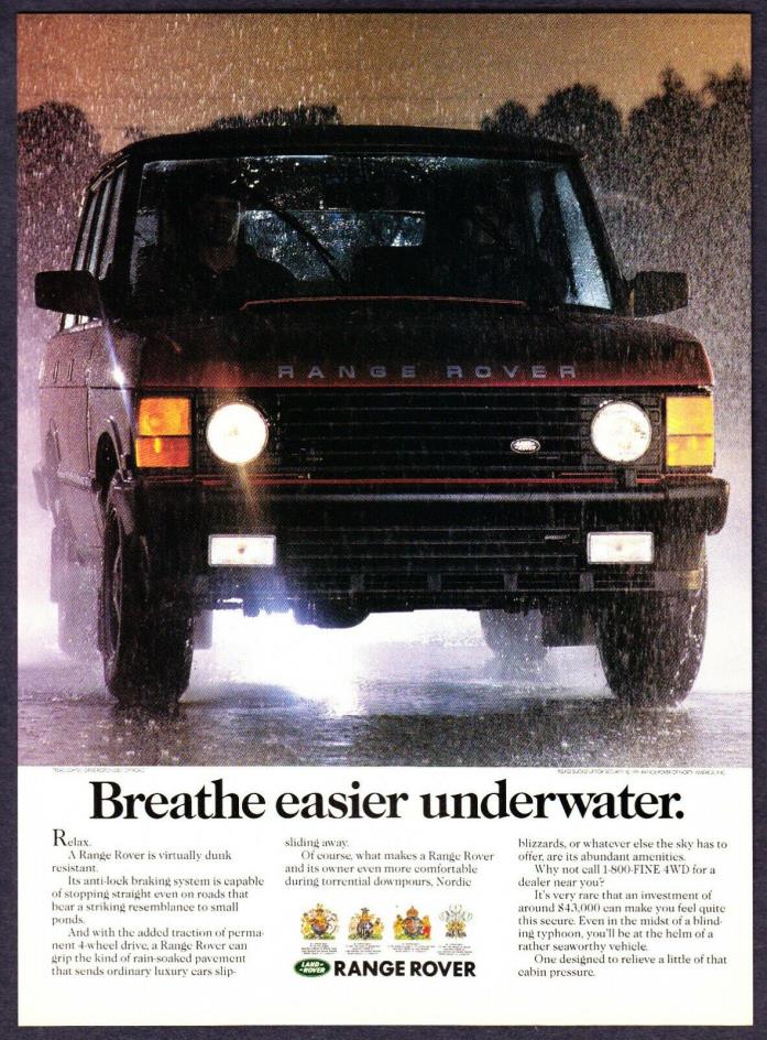 1991 Land Rover Range Rover in Rain Storm photo Dunk Resistant vintage print ad