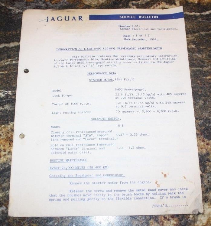 1964 Jaguar Service Bulletin (3 sheets)