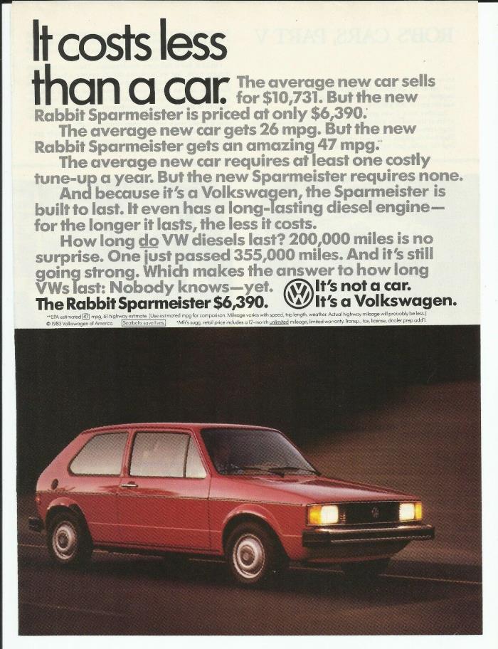 1983 Volkswagen Rabbit Sparmeister VW Red Color Photo Vintage Print Ad