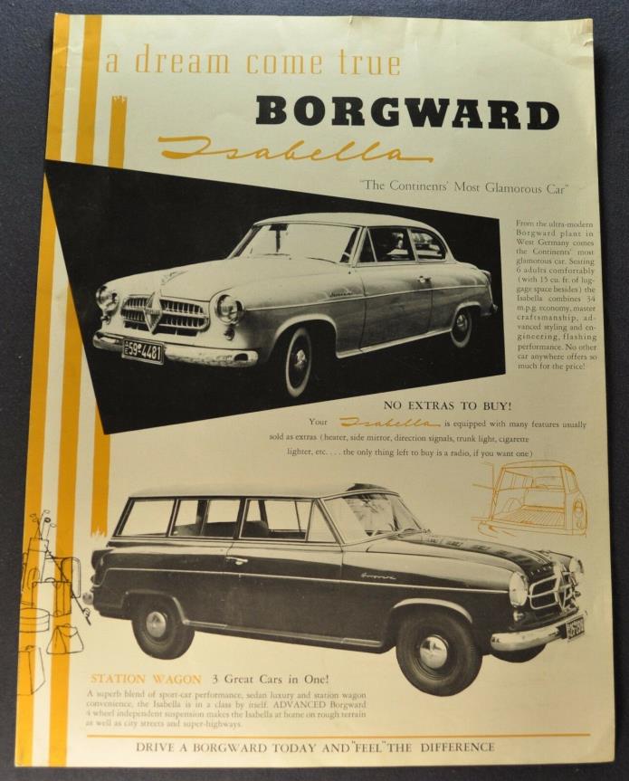 1958 Borgward Isabella Sales Brochure Sheet TS Coupe Combi Wagon Nice Original