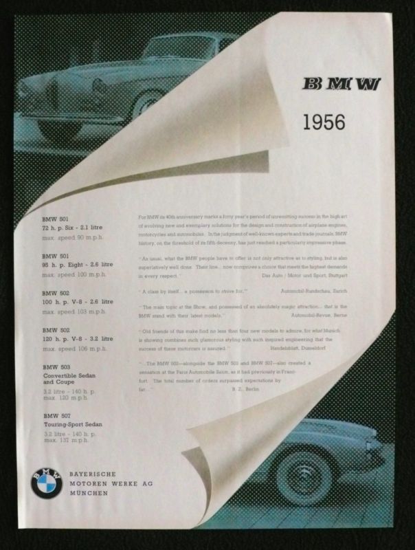1956 BMW 40th Anniversary 501 502 503 507 Vintage Car Auto Advert LG Ad 9x12