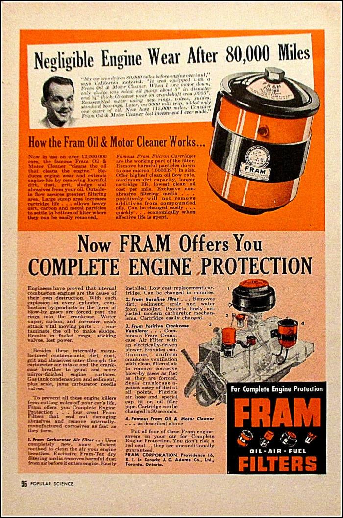 1950 FRAM Oil Filters Vintage Automotive Car/Truck/Parts Art Print Ad