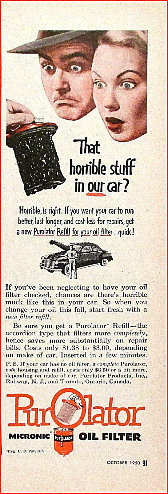 1950 Purolator Oil Filters Vintage Automotive Car/Truck/Parts Art Print Ad
