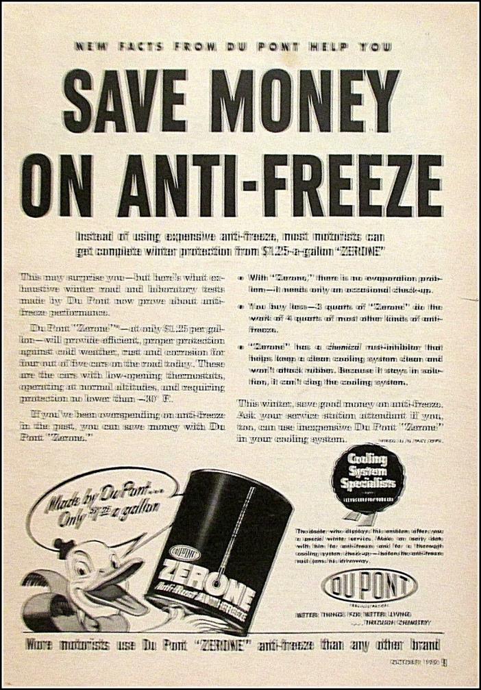 1950 Dupont Zerone Anti-Freeze Vintage Automotive Car/Truck Parts Art Print Ad