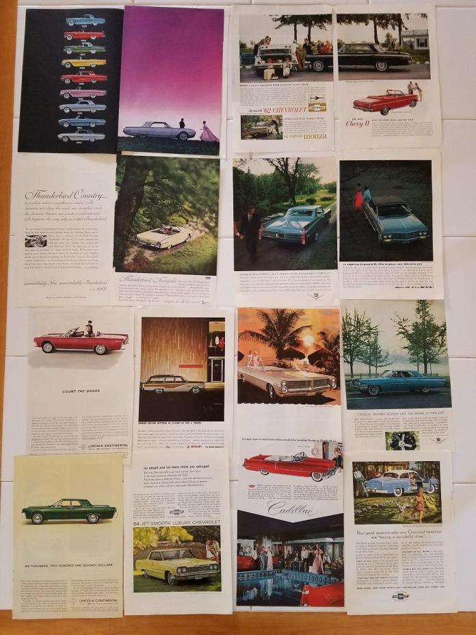 Vintage lot of car advertisements, Chevy, Ford, Cadillac, Mercury, Plymouth, etc
