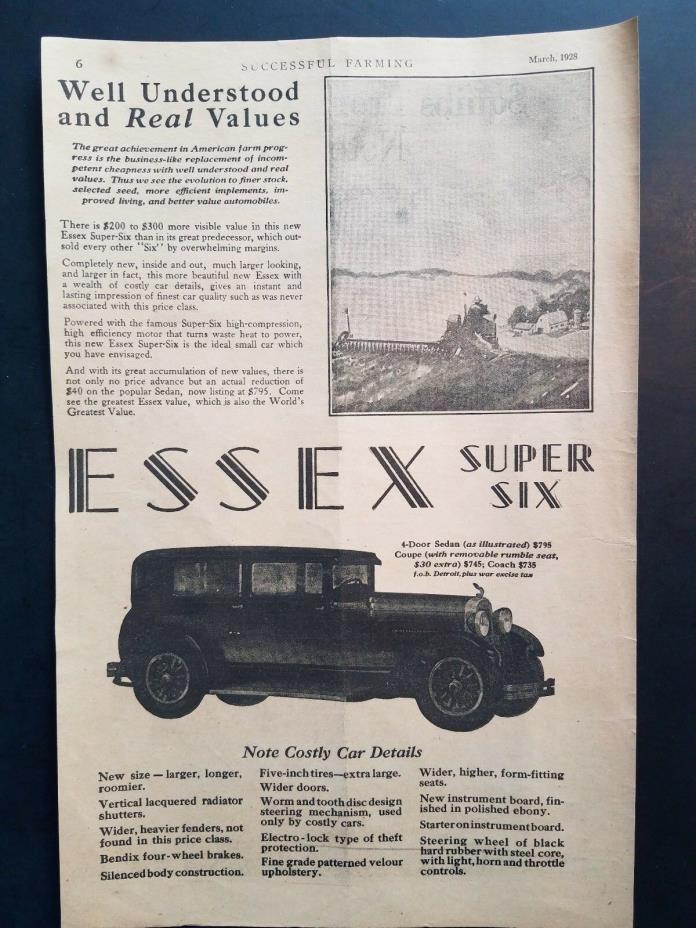 Essex Super Six Car Art 1928 Vintage Print Ad Farm Tractor 4 Door Sedan