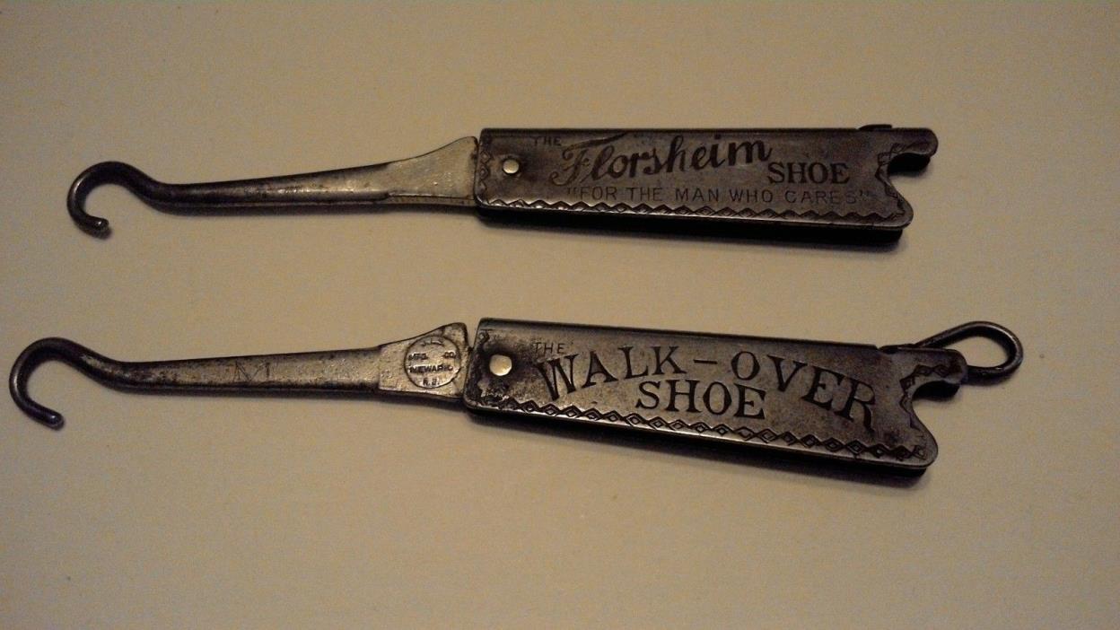 Lot Of 2 Antique Advertising Button Shoe Hooks Florsheim & Walk-Over Shoes 1903
