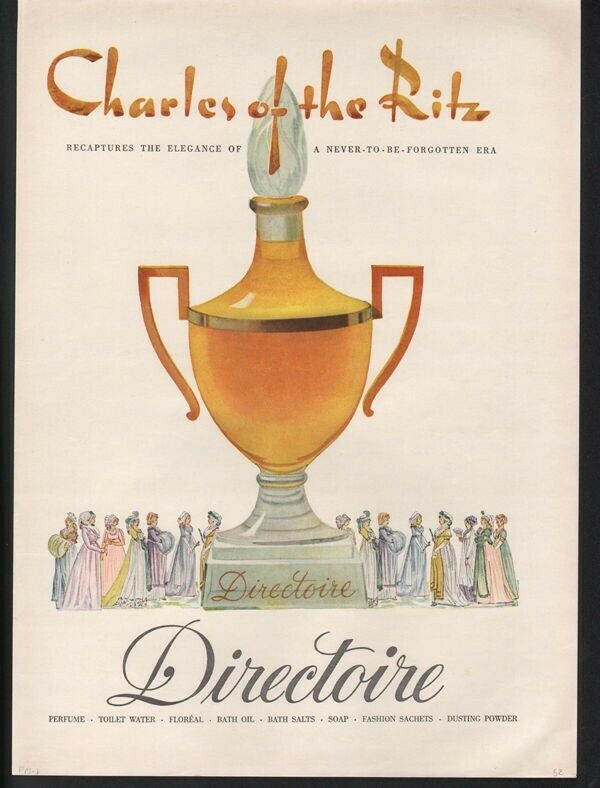 1952 CHARLES RITZ DIRECTOIRE PERFUME BEAUTY BOTTLE VICTORIAN  FASHION ADPM-01