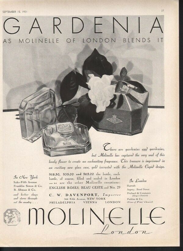 1931 GARDENIA MOLINELLE PERFUME CUPID FRAGRANCE CW DAVENPORT LONDON AD18941