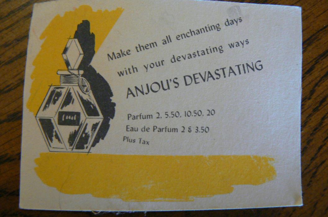 Vintage Advertising Anjou's Devastating Parfum Perfume Blotter Card FREE US SHIP