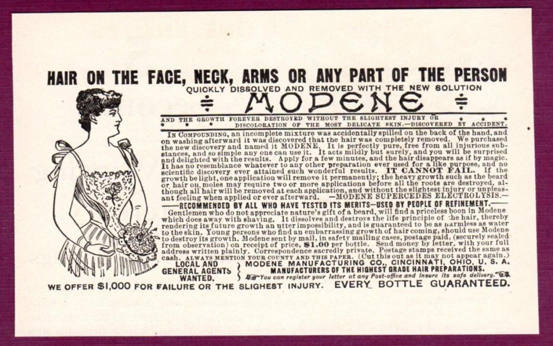 Vintage Ad Fashion Women original Hair Removal MODENE for neck face antique ad