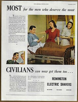 REMINGTON electric razor hospital bed patient nurse 439 1945 Vintage Print Ad