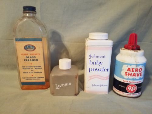 Vintage Johnson Baby Powder Tin, Aero Shave can, Lavoris & Fuller glass bottles